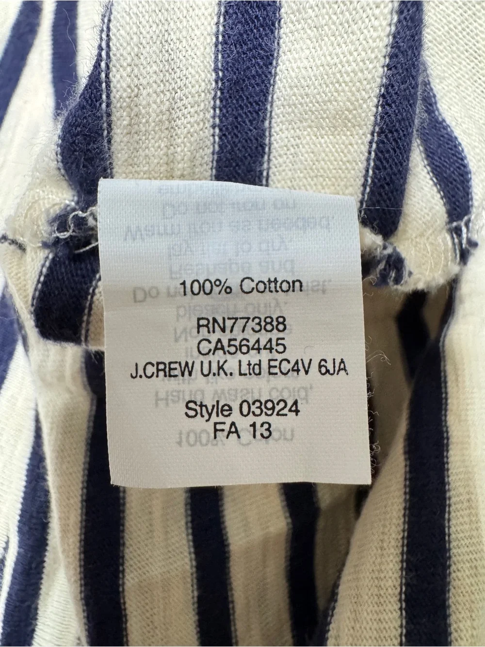 {J. Crew} Cream Navy Striped Rhinestone Statement Necklace Long Sleeve Top WSH38